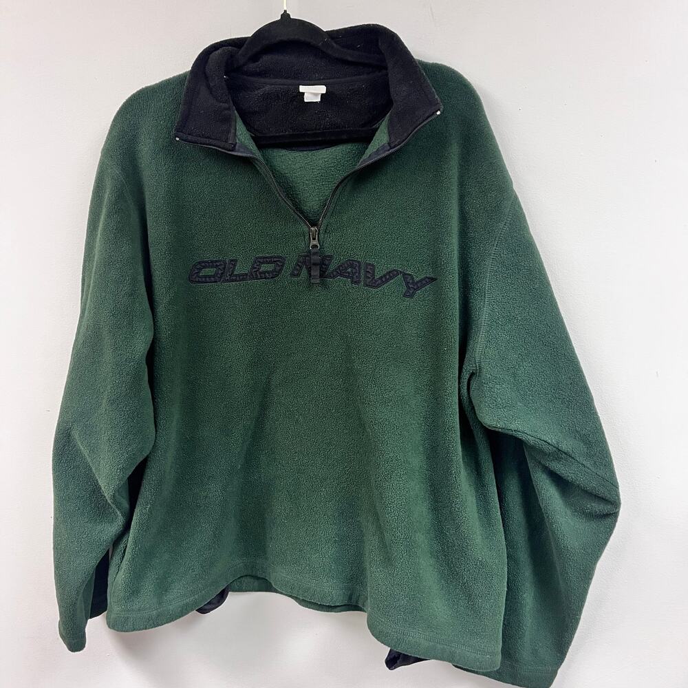 Men's 2000's Old Navy XXL fleece quarter zip sweater hunter green navy logo